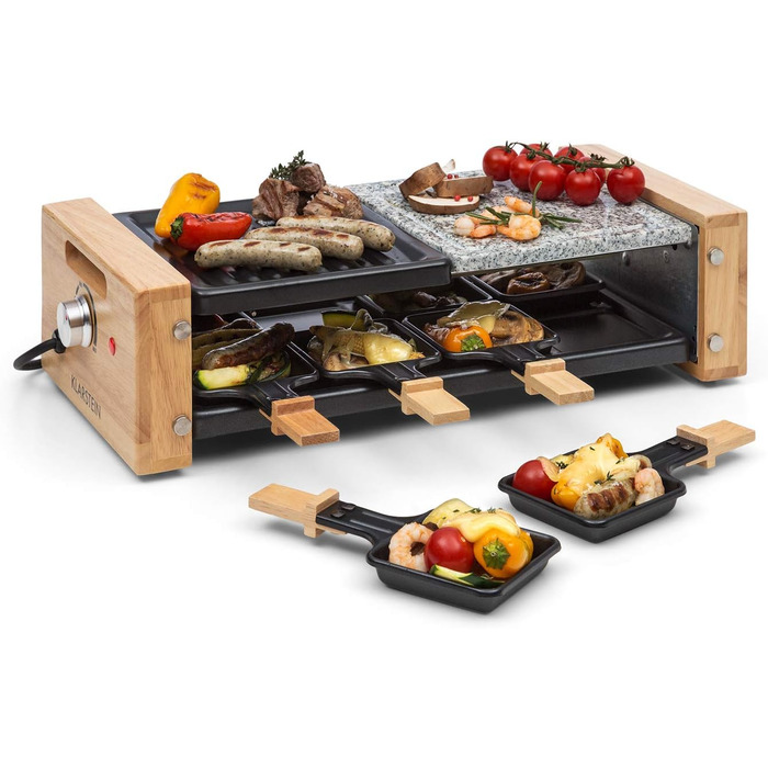 Раклетний гриль, 1200 Вт, пластина гриль 39 х 18 см, безступінчастий термостат, 8 персон, раклетні сковороди зі сталі, гриль і гриль