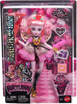 Лялька Monster High Scary Sweet Birthday, Купідон Астерія, у рожево-червоній святковій сукні з тематичними аксесуарами, такими як запрошення, повітряна кулька, подарунок тощо, JBG77 Рожевий/Червоний