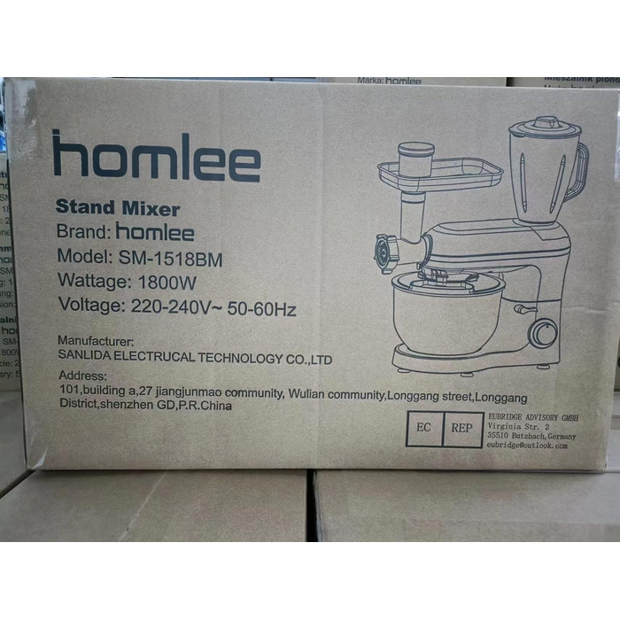 Кухонний комбайн Homlee 3 в 1 Багатофункціональна тістомісильна машина 1800 Вт 6-рівневий блендер, з м'ясорубкою, соковижималкою 1,5 л, чашею з нержавіючої сталі 5,5 л Тістоміс чорний