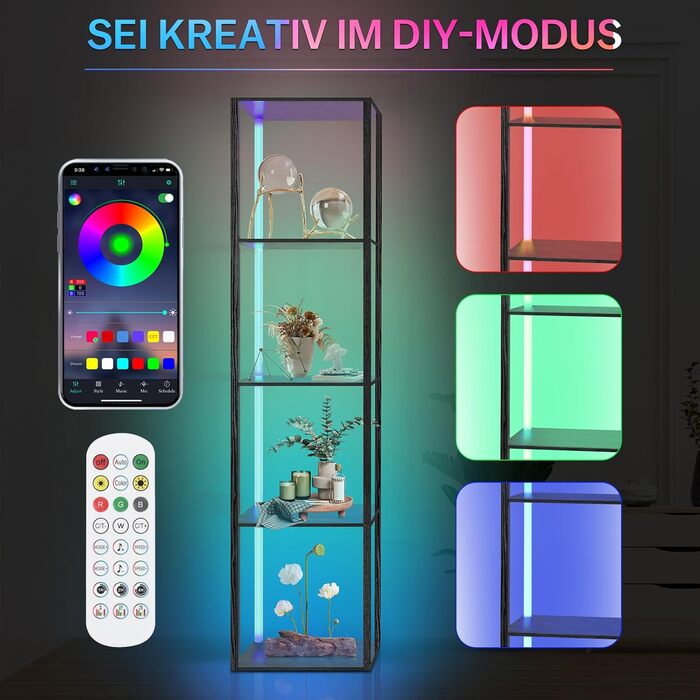 Книжкова полиця зі світлодіодним освітленням, 5-ярусний торшер з полицею, дерев&39яний торшер для вітальні з додатком та пультом дистанційного керування, кутовий торшер для вітальні, спальні, кабінету