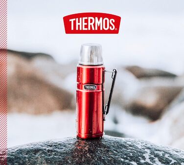 Термос-пляшка Thermos Stainless King, червона, 1,20 л - нержавіюча сталь, абсолютно герметична, з чашкою для пиття та ручкою, зберігає напої гарячими 12 годин та холодними 24 години, можна мити в посудомийній машині, без BPA, журавлина 1200 мл