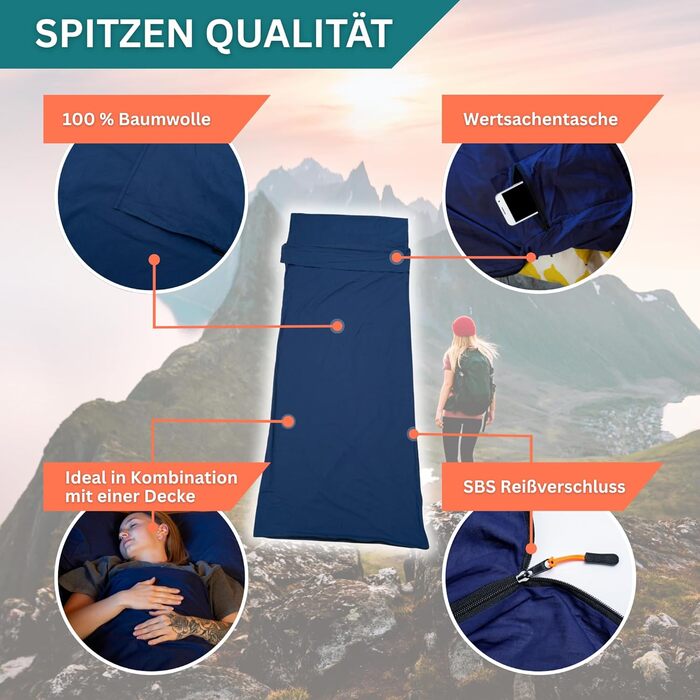 Бавовняний підклад для спального мішка - Ультралегкий та ультратонкий підклад для спального мішка без підкладки - Дорожній спальний мішок невеликого розміру, підкладка з кишенею для подушки - Компактний та маленький, темно-синій