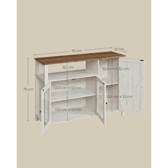 Сервант, Кухонна шафа, Шафа для зберігання, з 3 дверцятами, для вітальні, кухні, їдальні, 33 x 110 x 75 см, Сільський стиль, Медово-коричневий - Вінтажний білий LSC096WJ02 Медово-коричневий Вінтажний білий