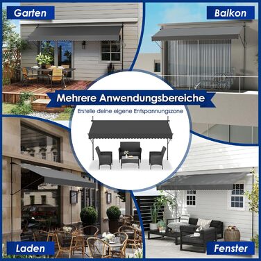 Тентовий тент із затискачем та кривошипом, шириною 350 см - Балконний тент без свердління, регульований, із захистом від ультрафіолету, захистом від сонця, водонепроникний, темно-сірий (3,50 x 1,20 м, темно-сірий) 3,50 x 1,20 м темно-сірий