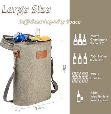 Сумка для пляшок Kato на 1 пляшку, сумка-холодильник для вина, пива та напоїв, сумка для перенесення на вулиці з роздільником, ручкою, плечовим ременем, штопором безкоштовно, сумка-холодильник для 2 пляшок - сіра