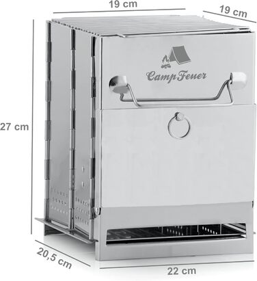 Складаний гриль з нержавіючої сталі CampFeuer 22 x 20,5 x 27 см Складаний гриль Кемпінговий гриль для походів та використання на свіжому повітрі Складаний портативний гриль, портативний кишеньковий гриль, сріблястий кемпінговий гриль