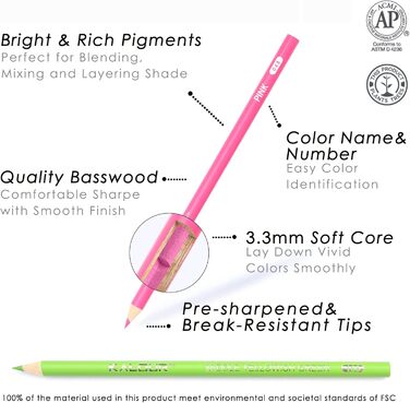 Набір кольорових олівців KALOUR 180 для дорослих, художників - Міцний пігмент, м&39який грифель - На восковій основі - Ідеально підходить для розфарбовування, малювання, ескізів, затінення та розтушовування - Яскраві кольори, чорний