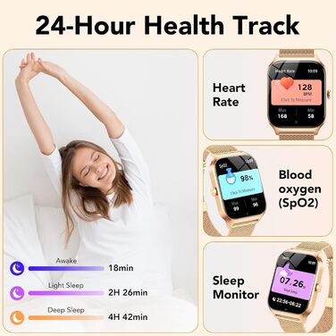 Жіночий смарт-годинник із функцією телефону, 1,85-дюймовий HD-дисплей із пульсом/SpO2/монітором сну/крокоміром, понад 120 спортивних режимів, фітнес-трекер IP68, сумісний з iOS та Android, золотистий та світло-рожевий