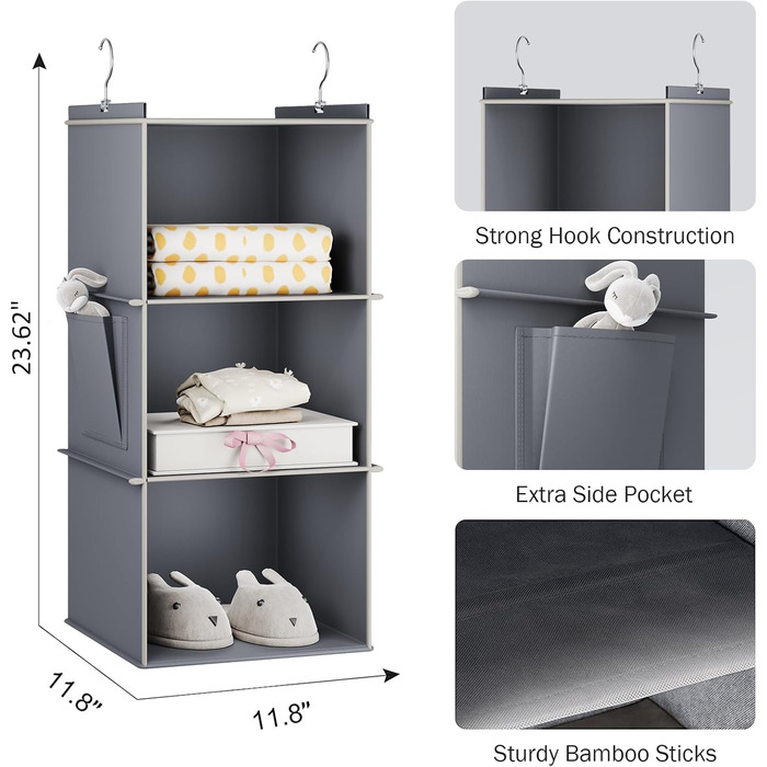 Підвісна полиця-органайзер для шафи Міцний органайзер для гардеробу Підвісна система зберігання з панелями МДФ та посиленим бамбуковим стрижнем 3 відділення сірого кольору