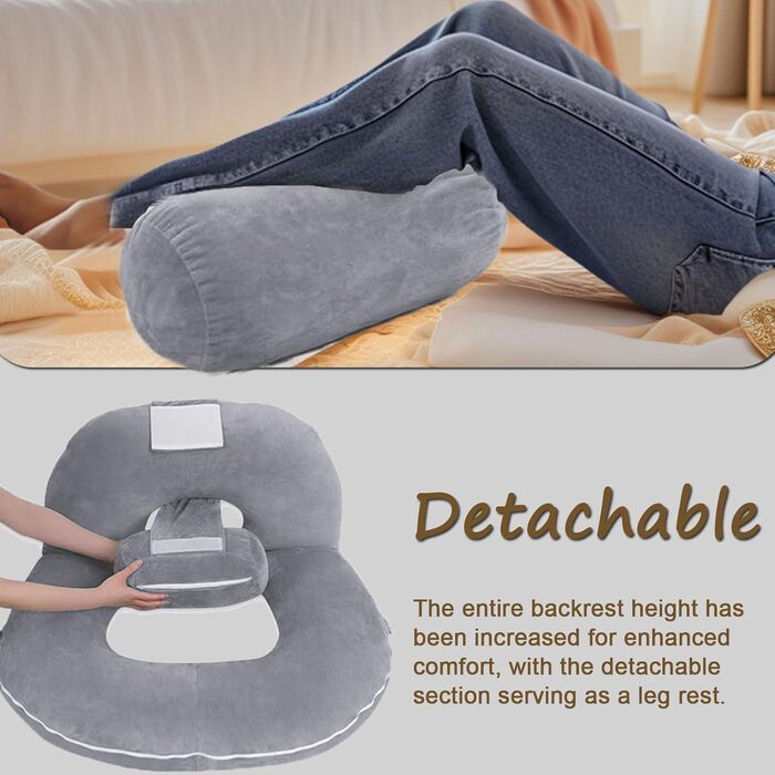 Подушка для читання для ліжка та дивана, подушка для спини для читання зі знімним валиком для шиї, ергономічна подушка для спинки, комфортна подушка для дорослих, U-подібна подушка для вагітних для ліжка та дивана (сіра)