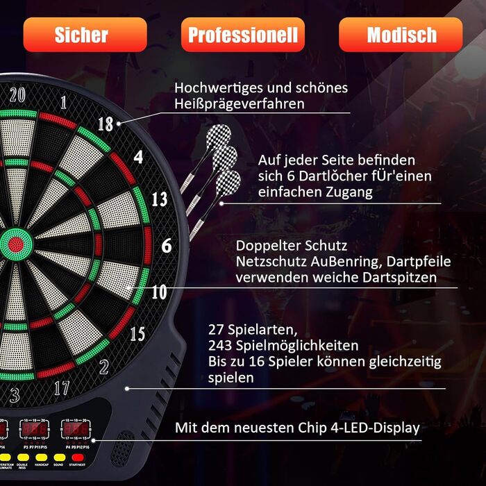 Електронна мішень для дартсу на 16 гравців, електронний дартс-машина з 4 РК-дисплеями, 6 дротиками та 24 головками для дротиків, 27 іграми з 243 ігровими опціями, професійна електронна гра в дартс, чорний колір