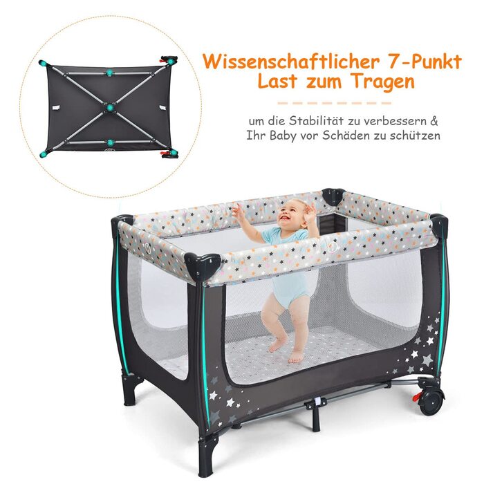 Дитяче ліжечко DREAMADE 2-в-1, складне приліжкове ліжечко 125 x 65 см, дорожнє ліжечко з колесами та гальмом, дитячий манеж-ліжечко для малюків від народження до 36 місяців (сірий)