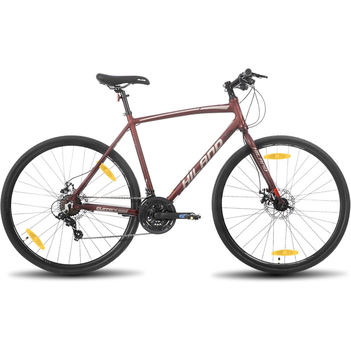 Шосейний велосипед Hiland 28 дюймів, 21 передача, міський велосипед для чоловіків з дисковими гальмами, рама 530 мм, комфортний шосейний велосипед, колеса 700C, чорний/червоний/срібний, розмір M