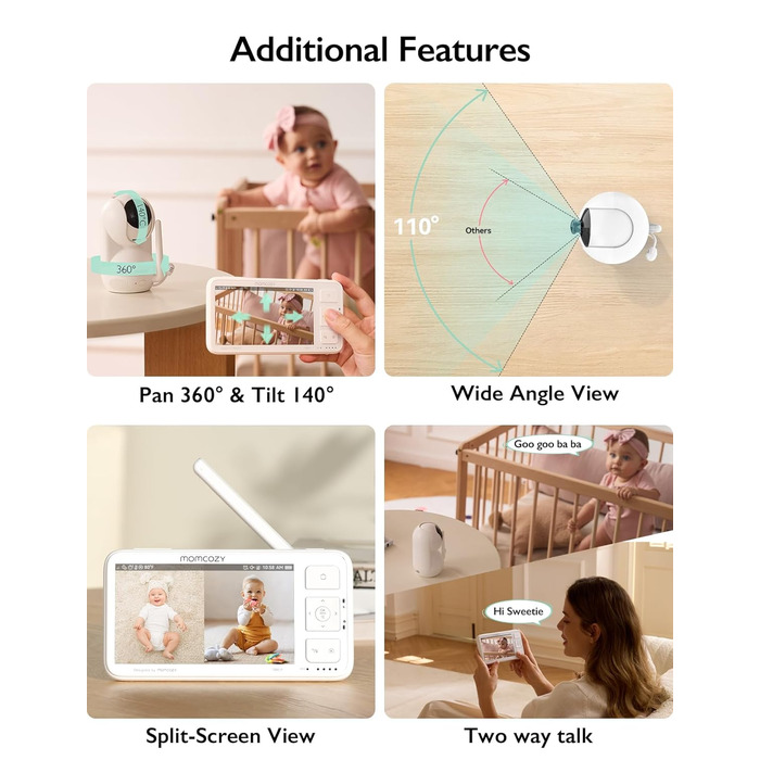 Відеоняня Momcozy, 5,5-дюймовий 1080P Full HD радіоняня з камерою без Wi-Fi, інфрачервоне нічне бачення 5800 мАг акумулятор на 120