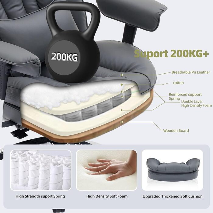 Офісне крісло Efomao, велике та високе крісло зі штучної шкіри X-Embroidery для дому, регульоване ігрове крісло з високою спинкою, поворотне крісло керівника 200 кг з підставкою для ніг та поперековою опорою, сірий 3070eu-grey