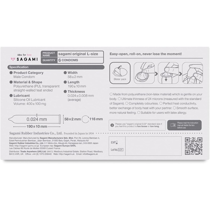 Презервативи без латексу Sagami Original L-SIZE, ультратонкі японські презервативи XL (Японський імпорт) - гіпоалергенні - гігієнічно упаковані, 1 х 6 шт.