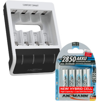 Зарядний пристрій Ansmann Comfort Smart для акумуляторів типу AA та AAA з 4 батареями типу AA ємністю 2850 мАг Швидка зарядка з функцією швидкої перевірки ємності У комплекті USB-кабель довжиною 1 м 3 роки гарантії, білий (1001-0092-02)