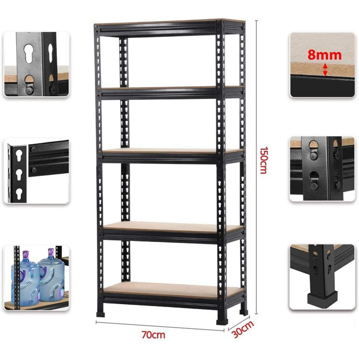 Полиця для зберігання Yaheetech 150 x 70 x 30 см, міцна, безболтова, 5 МДФ стелажів, стелаж для підвалу, стелаж для майстерні, вантажопідйомність 150 кг на полицю, чорний колір, 70x30x150 см