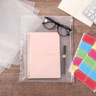 Папок для документів формату А4, прозорі кишені для папок з 11 отворами, пластикові папки на блискавці, пакети з відривними листами та 20 наліпками для документів, косметики, ювелірних виробів та органайзерів., 20