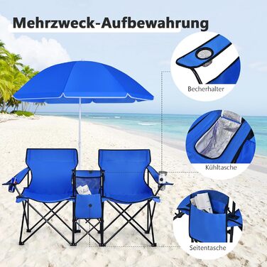 Крісло для кемпінгу COSTWAY на 2 особи з сонцезахисним тентом, сумкою-холодильником, тримачем для напоїв та бічною кишенею, складне рибальське крісло з сумкою для перенесення, складне крісло для кемпінгу, риболовлі, пікніка (темно-синє)
