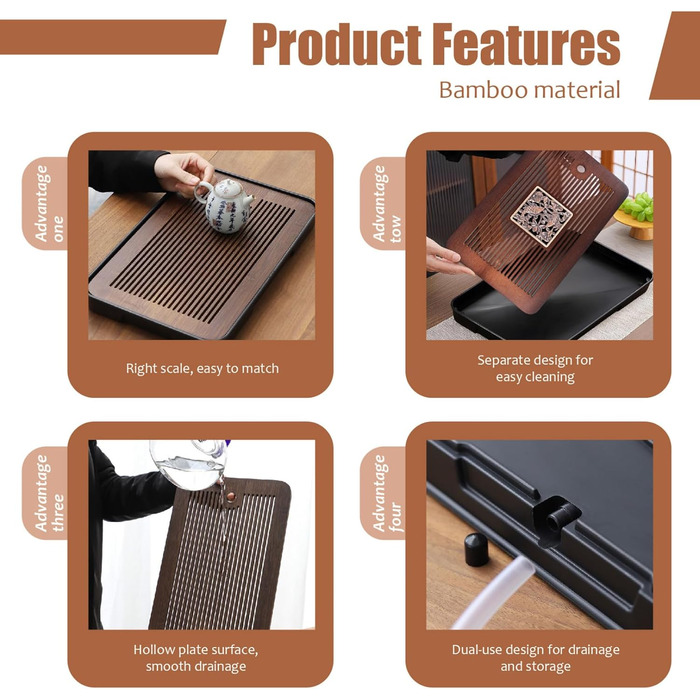 Бамбуковий піднос для чайної церемонії Кунг-Фу 14,2 x 9,5 см зі знімною підставкою та резервуаром для води, ідеальний для чайної посуди, подарунок друзям та рідним