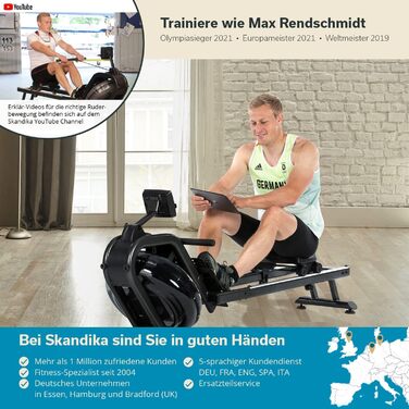 Водний гребний тренажер Skandika Nemo IV Водний гребний тренажер студійної якості для домашнього використання, сертифікований TV Sd, Kinomap, тримач для планшета, стійкий Водостійкий гребний тренажер, чорний