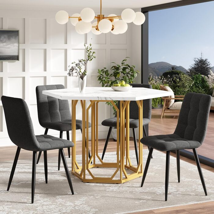 Шестигранний обідній стіл Merax, великий сучасний кухонний обідній стіл для 4-6 осіб, стільниця з МДФ з мармуровим візерунком, міцна металева основа золотого кольору, для кухні, вітальні, 110,2 x 95,4 см (110,2 x 95,4 x 75,5 см) Мармуровий візерунок та зо