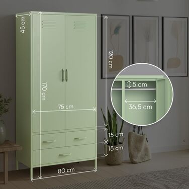 Металева шафа Skølm Atria Металева шафа з 6 відділеннями, 2 рейками для одягу та 3 шухлядами Шафа м&39ятно-зеленого кольору Металева шафа завширшки 80 см Шафа для спальні Шафа для передпокою м&39ятно-зеленого кольору з 2 дверима, 3 шухлядами
