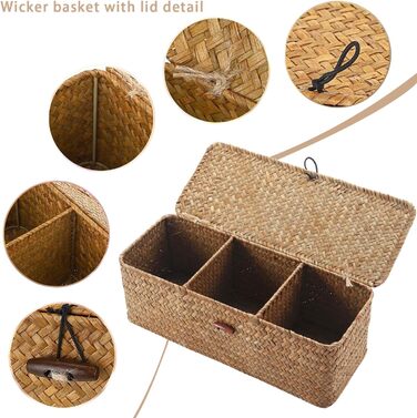 И плетеного прямокутного кошика з ротанга з натурального плетеного ротанга, кошик для зберігання з кришкою, плетений кошик для зберігання для організації іграшок-снеків, 2 шт.