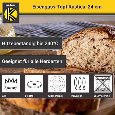 Чавунна каструля Krger з кришкою - емальована - чорна матова зовні і всередині - висока термостійкість і дуже добре утримує тепло