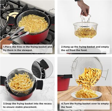 Горщик для картоплі фрі ROSSETTO 24 см з кошиком для смаження, каструля з литого алюмінію індукційна, горщик для картоплі фрі 2-в-1, зі скляною кришкою, антипригарне покриття, підходить для індукції, горщик для пасти 4,5 літра, червоний