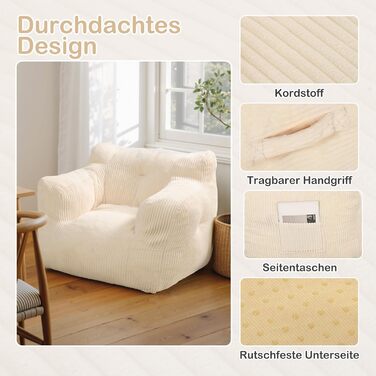 Крісло-мішок Pamapic для дорослих, наповнене крісло-мішок з портативною ручкою, сучасне ергономічне крісло-мішок, крісло-мішок для приміщень для вітальні, спальні, ігрової кімнати, бежевий 70Г x 80Ш x 55В см