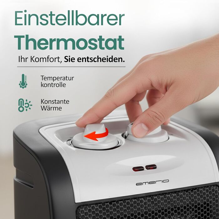 Керамічний вентилятор-обігрівач Emerio 1800 Вт ECO, два рівні потужності, енергозберігаюча робота завдяки PTC (керамічному) нагрівальному елементу, термостат, із запобіжним вимикачем, функція вентилятора, FH-106145 Чорний