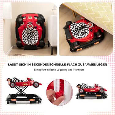 Складані дитячі ходунки, дизайн гоночного автомобіля, з 3 регульованими висотами, знімним музичним підносом та сидінням, допоміжний пристрій для ходьби для малюків 6-14 місяців (червоні)