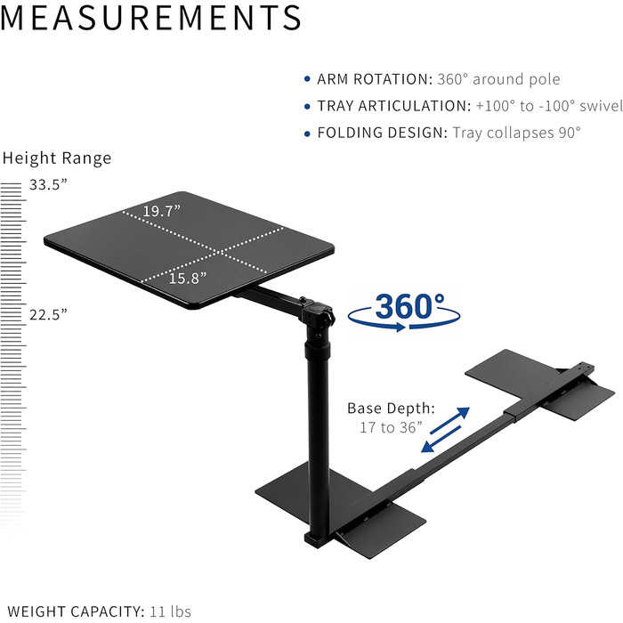 Поворотний стіл над диваном, стіл для ноутбука для віддаленої роботи, портативний крісло-реклайнер з регульованою висотою поворотного кронштейна, чорний, 51 см, 01C