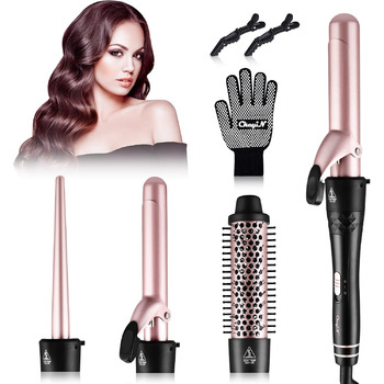 Набір плойок CkeyiN 4 в 1 з різними насадками 9-38 мм, керамічна плойка з щіткою для завивки, великі та малі локони, настінна плой