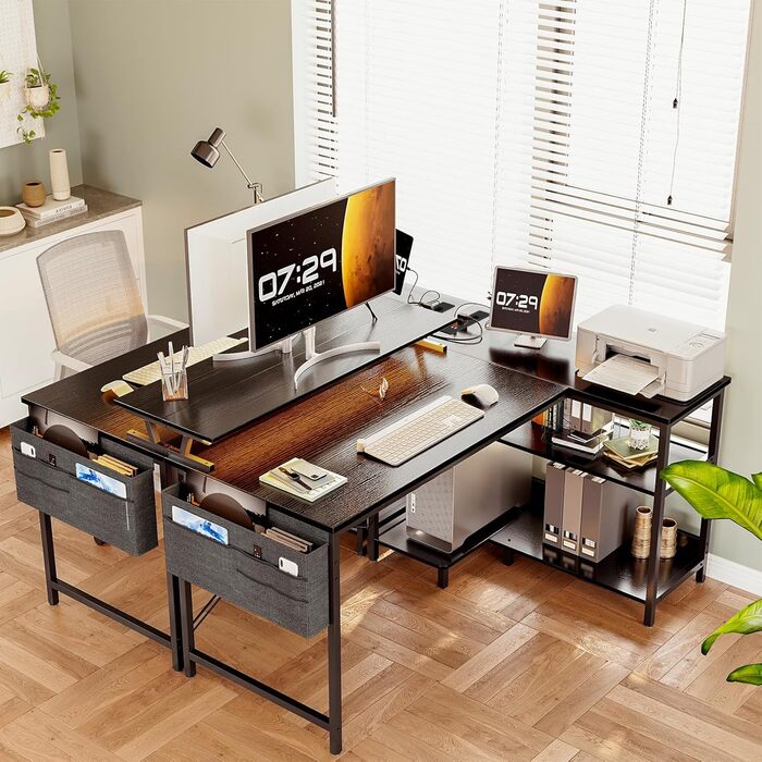 Ігровий стіл Coleshome L-подібної форми зі світлодіодним освітленням та розетками, кутовий стіл 120x80 см з полицею, двосторонній L-подібний стіл, чорний з підставкою для монітора, кутовий стіл для офісу/кабінету, чорний, 120x80x87 см