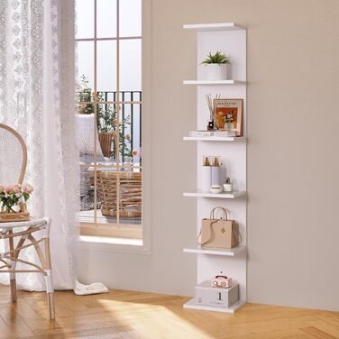 Книжкові полиці SONNI, настінна полиця, 6 полиць, які можна використовувати як настінну або окремостоячу полицю, полиця для книг, журналів, декору, окремостояча полиця в індустріальному стилі для вітальні, кухні, домашнього офісу, біла, 30x24,8x160 см. Бі