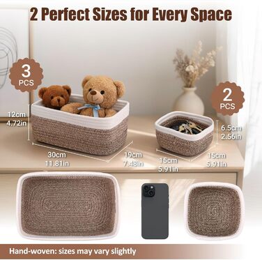 Невеликі кошики для зберігання з плетеної мотузки, 2 розміри, органайзер для шафи, полиці, книжкової полиці, дитячої кімнати, пеленального столика, тканинні коробки-кубики, прямокутні плоскі контейнери для ванної кімнати