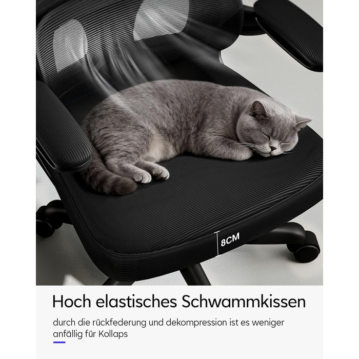 Ергономічне офісне крісло TUKAILAi, крісло керівника з поперековою опорою та підголівником, регульоване, підлокітники, що складаються на 90, висока спинка, сітчасте поворотне крісло для роботи вдома (чорне)