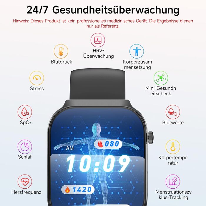 Новий смарт-годинник 2026 року для чоловіків та жінок з ЕКГВСР/ІМТ/сечовою кислотою/мікроперевіркою здоров&39я, 2,2-дюймовий оновлений 3D-вигнутий дисплей, цілодобовий монітор серцевого ритму, артеріального тиску та сну для Android/iOS, чорний