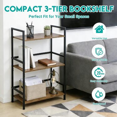 Полиця, Мала книжкова полиця, 3-рівнева стійка для зберігання, Книжкова полиця, Стелаж для вітальні, спальні, офісу, ванної кімнати, кухні, 42 x 28 x 70 см, Рустикальний коричневий 3 полиці