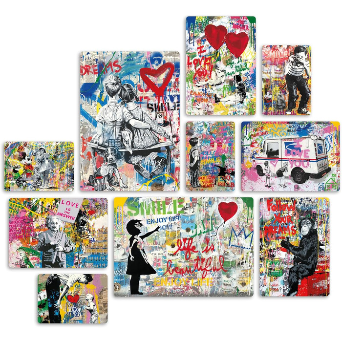 Набір з 10 багатокомпонентних картин - Бенксі - Стріт-арт 1 - Дерево МДФ - 2 x 42x29,7cm 4 x 29,7x21cm 4 x 214,85cm - Готові до пі