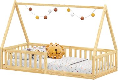 Ліжко IDIMEX Nicolas House 90 x 200 см Natural - Дитяче ліжко від підлоги до стелі, включаючи захист від падіння з обох боків, ліжко Монтессорі з масиву дерева