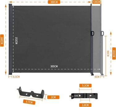Розсувний бічний тент, 160 x 30020 см Антрацит, Сонячний тент із екраном для приватності, Вітрозахист, Водонепроникний бічний висувний тент, Бічна рулонна штора для балкону, тераси, саду, Ш320 x В160 см Антрацит