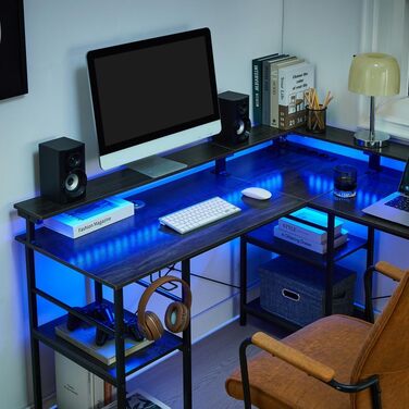 Г-подібний ігровий стіл зі світлодіодним освітленням та розетками, кутовий стіл 140x140 см, двосторонній комп&39ютерний стіл з полицею для монітора, 4 полиці та бічні кишені для домашнього офісу та офісу, чорний, 140x140x85 см