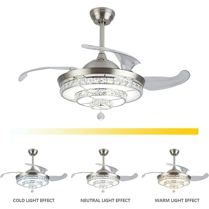 Тихий стельовий вентилятор кришталеві стельові вентилятори зі світлом, сучасні висувні лопаті, люстра, світлодіодний стельовий вен