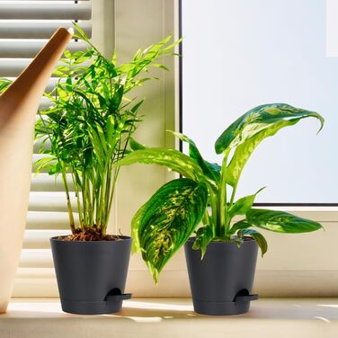 Набір із 6 самополивних квіткових горщиків, 20,3/17,8/16,5/15,2/14/12,7 см, горщики для рослин із системою поливу, кашпо з блюдцем, набір квіткових горщиків, ідеально підходить для кімнатних та балконних садів, чисто чорний колір