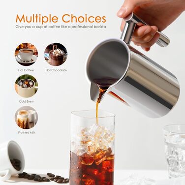 Кавоварка Enfmay French Press, 1 л френч-прес з нержавіючої сталі з 4 фільтрами та ложкою, знімна, легко чиститься, термо з ізоляцією з нержавіючої сталі для дому, подорожей та кемпінгу, срібло 1000 мл