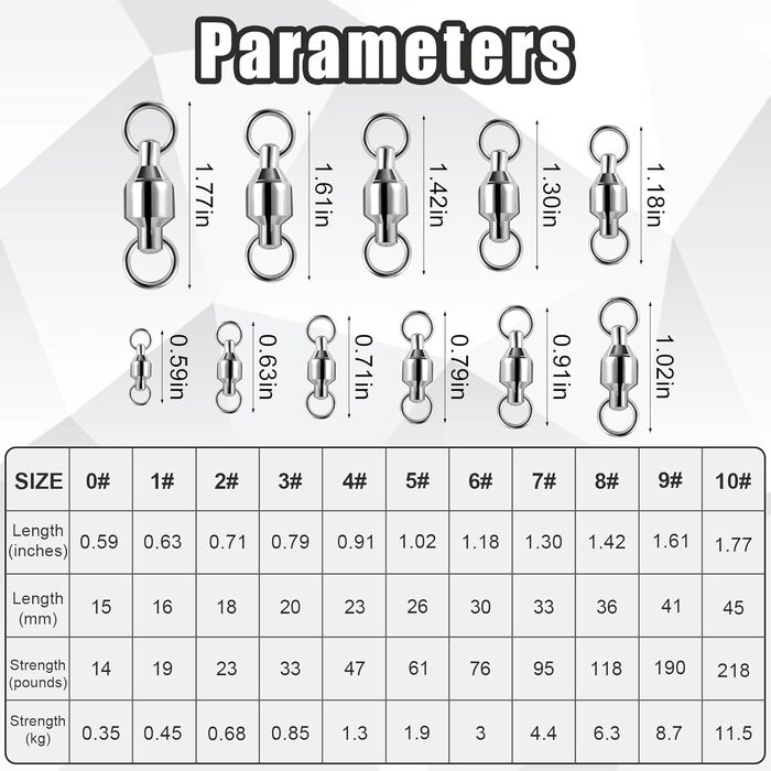 Шарикопідшипники Вертлюги для риболовлі, 11 розмірів Рибальські вертлюги Високоміцні шарикопідшипники з нержавіючої сталі Вертлюги з суцільною бочкою Вертлюги для морської та прісноводної риболовлі, 55 шт.